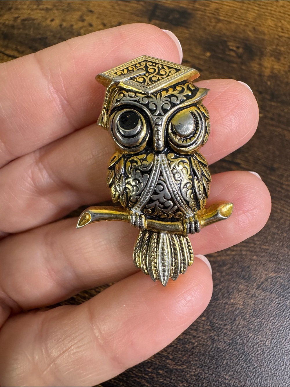 Vintage Spanish Damascene Owl Brooch Pin in Gold and Silver Tones - Ornate